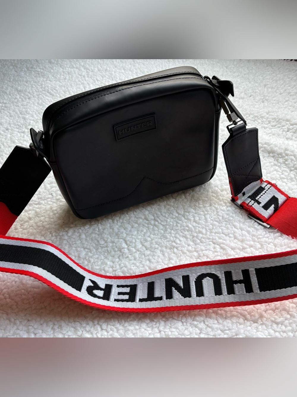 Hunter Original Rubberized Black Leather Mini Crossbody Camera Bag Branded Strap